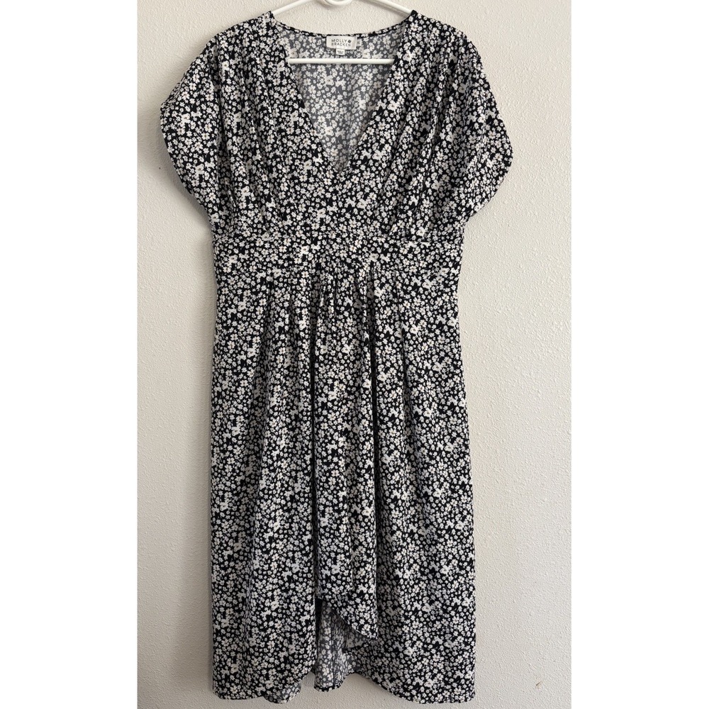 Molly Bracken Womens XL Black White Floral Midi Dress V Neck Empire Waist Boho